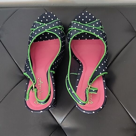 Lilly Pulitzer Polka Dot Wedge Peep Toe Sandals Navy White - Picture 4 of 11
